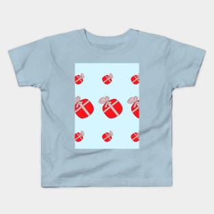 Red gifts on a blue background. Festive surprises, good mood. Boxes for the holiday. Kids T-Shirt